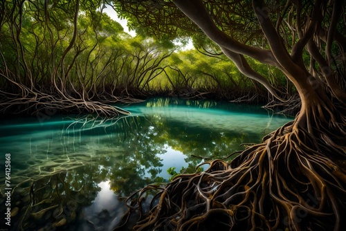 A serene inlet bordered by mangroves, their intricate roots reaching into the clear waters of the gently flowing tide.