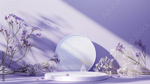 Minimalist purple background for product photography with just one object as the highlight, a white bottle of shampoo on top of a podium and lavender flowers in a vase, light is coming