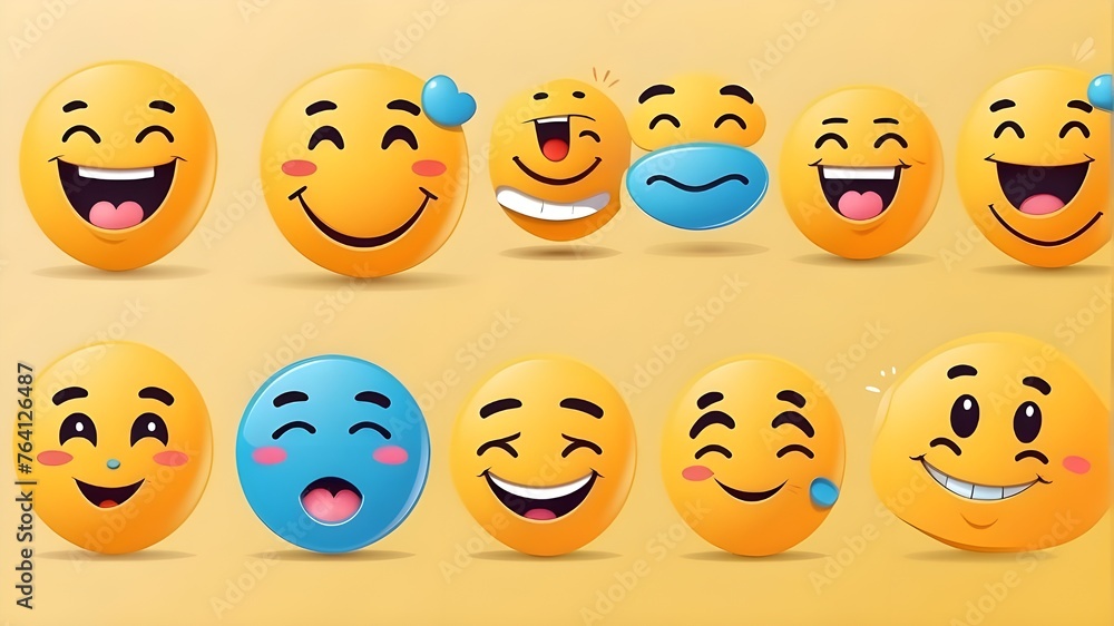 Emoticons: a large collection of facial and animal emoji's. Laughing and happy holiday emoticons on a 3D rendered background for social media and communications.