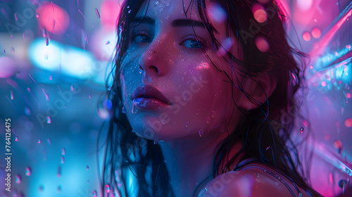 An incredibly lifelike 3D image of a woman with shimmering skin bathed in a deep blue neon glow