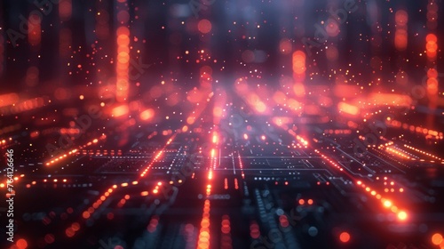 A computer generated image of a cityscape with bright red lights