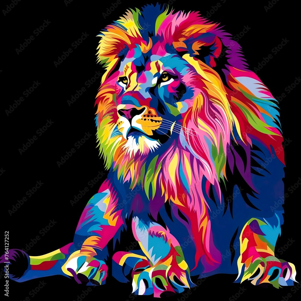 Lion colourful neon art design vector illustration on a black background.