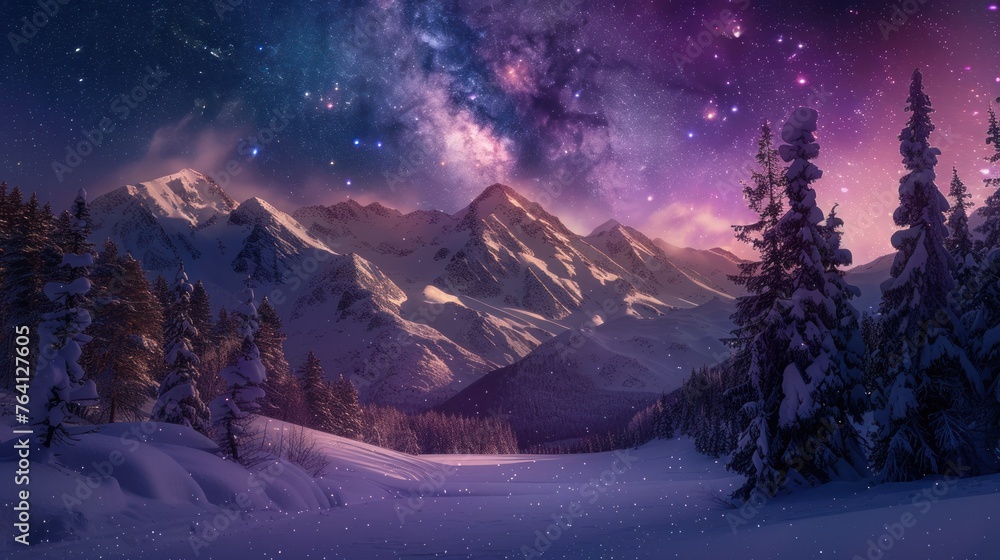 Beauty of the Northern lights and the Milky Way over snow-covered mountainous terrain with coniferous trees during winter.