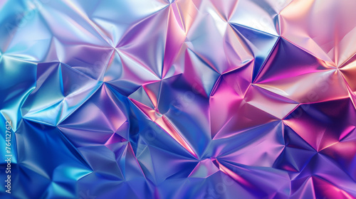 A close-up view of a shiny surface, showcasing a ronberta holographic iridescent satin foil background in shades of purple. The surface reflects light, creating a dazzling and mirror-like effect.