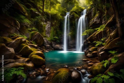 A majestic waterfall cascading down a rocky cliff, framed by vibrant foliage and creating a serene oasis in the forest.