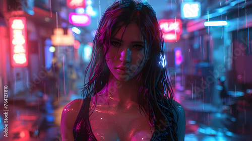 A compelling image of a rain-drenched woman set against an atmospheric neon city backdrop