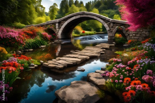 A tranquil scene of a serene river flowing under an arched stone bridge lined with vibrant flowers.