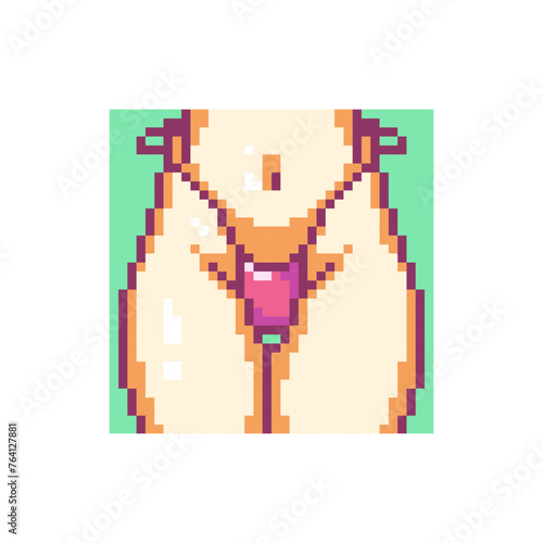 Pixel Art Bikini Girl on Summer Vacation. Fashion Trendy Swimwear on Model Body. 8 bit Pattern for Print. Summer Season Avatar. 