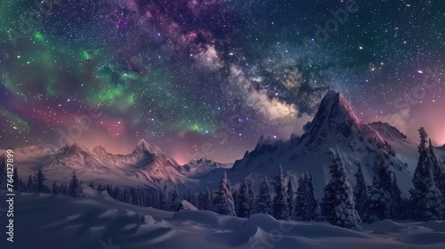 Beauty of the Northern lights and the Milky Way over snow-covered mountainous terrain with coniferous trees during winter. © DreamPointArt
