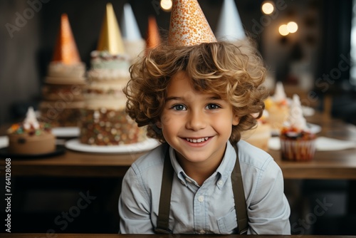 A child with cute cake on blurred background in birthday party design