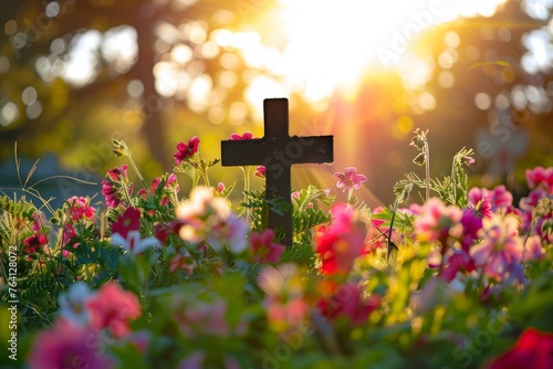 A peaceful garden scene with a silhouette of a cross surrounded by blooming flowers, symbolizing growth and spirituality.