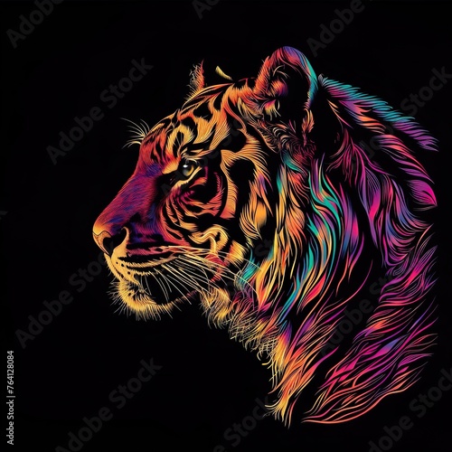 Tiger face side view colourful neon art design vector illustration on a black background.