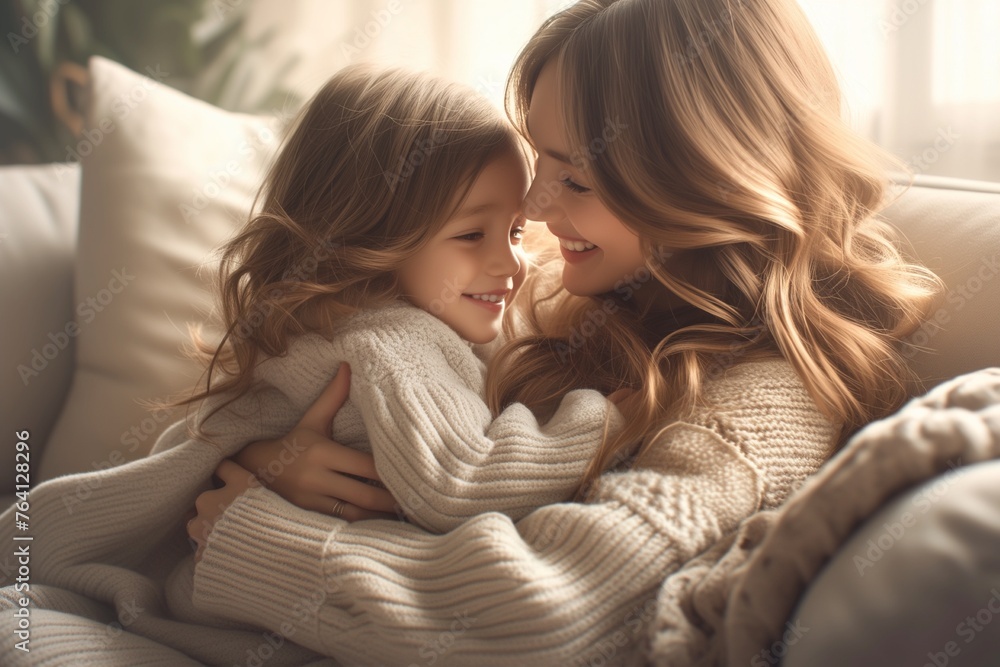 cute child hug on mothers day in living room sofa