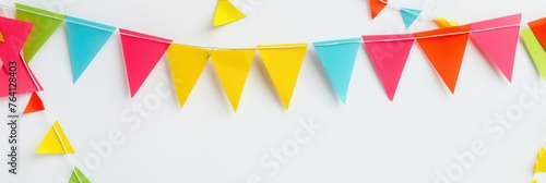 Colorful paper bunting flags strung up for a celebration, with a minimalist design on a clean white background - AI generated