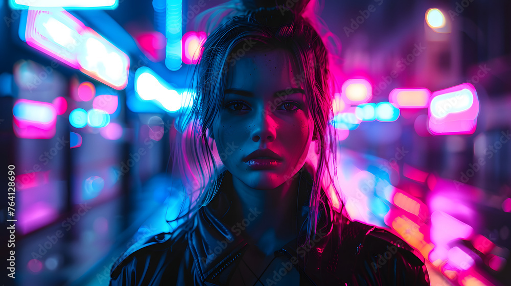 The intense gaze of a woman captured with a neon-lit street backdrop, conjuring a night-time urban vibe The intense gaze of a woman captured with a neon-lit street backdrop, conjuring a night-time urban vibe