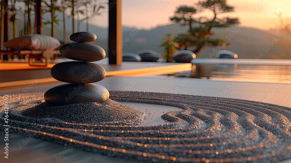 Stacked smooth stones in a zen garden with intricate sand patterns during a tranquil sunset. Stacked smooth stones in a zen garden with intricate sand patterns during a tranquil sunset.