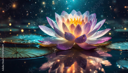 Glowing lotus in water at night. Luminous particles in the air. Beautiful flower. Dark backdrop.