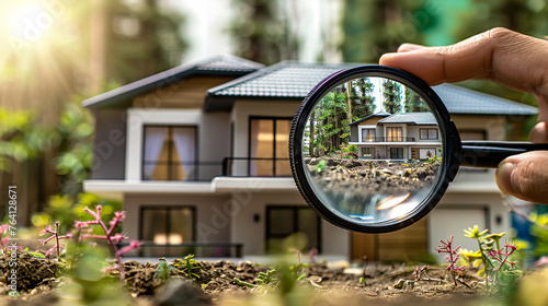 Magnifying glass in front of house, Real Estate Concept photo