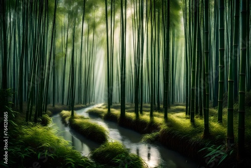 A tranquil bamboo forest in the early morning mist, with shafts of sunlight filtering through the dense canopy.