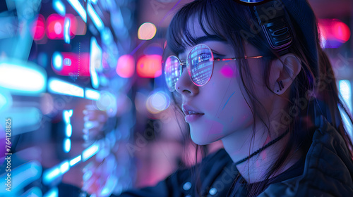 Close-up of an individual stands out with a square face blur amidst a beaming neon backdrop