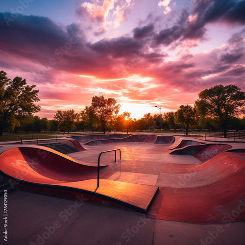 arge outdoor skate park empty at an angle during bright sunset created with Generative Ai