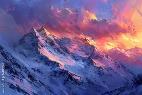 Alpine Twilight Tranquility Serene Sunset Cascading Over Snow-Capped Mountains, Digital Landscape Painting