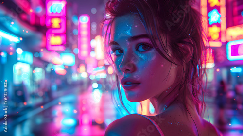 Side profile of a striking woman with neon blue face paint against an urban neon light-filled cityscape