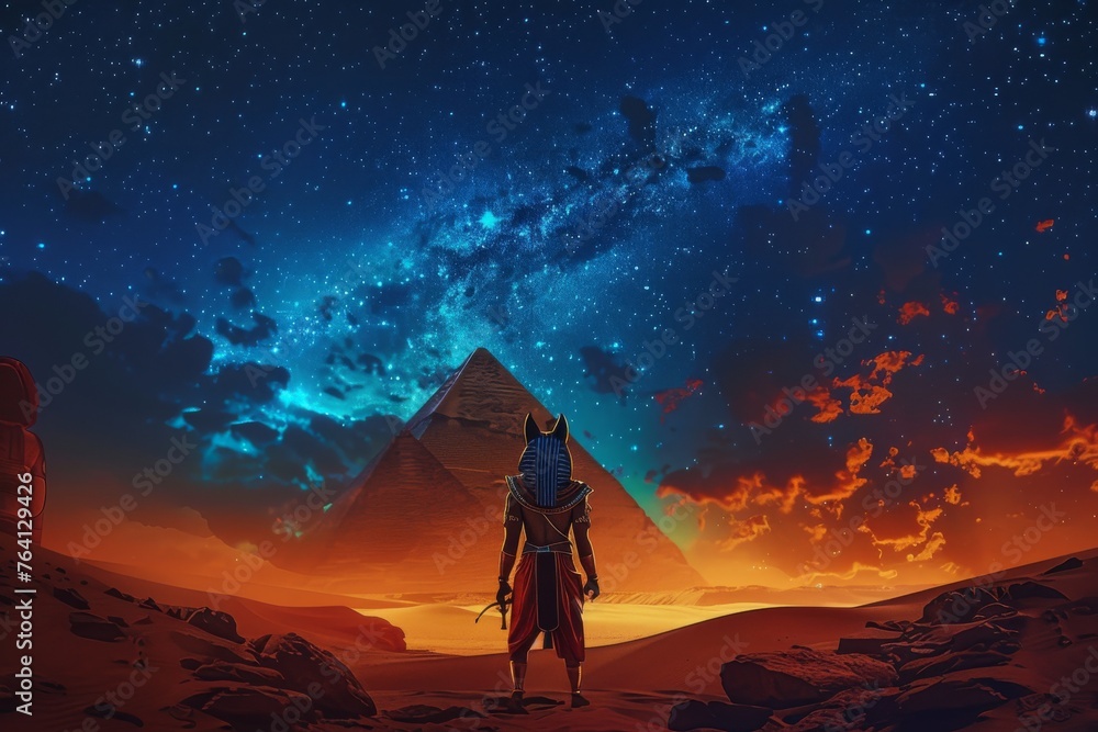 Ancient Egyptian Anubis, god of the afterlife, standing in a desert against a pyramid background under a starry night sky. - obrazy, fototapety, plakaty 