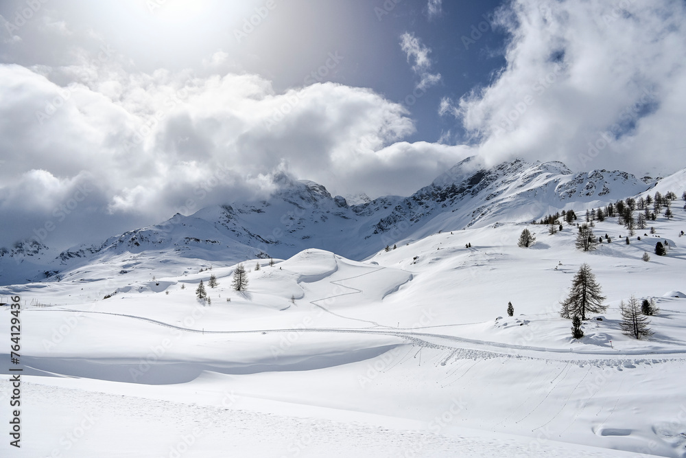 Fototapeta premium Bernina, Val Bernina, Diavolezza, Berninapass, Lago Bianco, Alpen, Graubünden, Winter, Schneedecke, Bernina-Express, Zugfahrt, Wintersport, Eis, Stausee, Schweiz