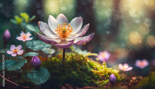Close-up of magic flower in forest. Green moss. Beautiful nature. Bokeh on backdrop.