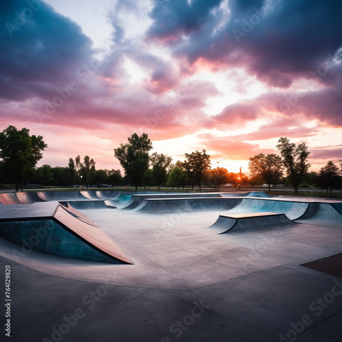arge outdoor skate park empty at an angle during bright sunset created with Generative Ai © Maria