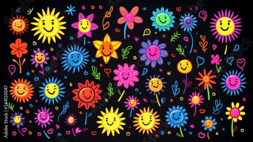Hand drawn doodle sketch wallpaper sun, rainbow, and flowers in a summer concept pattern