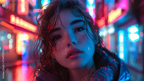 A woman s face is captured intimately with colorful neon reflections adding mood to the rainy urban setting