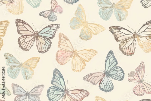 Butterfly Whispers Embroidered Seamless Patterns of Pastel Colored Butterflies, Fabric Design