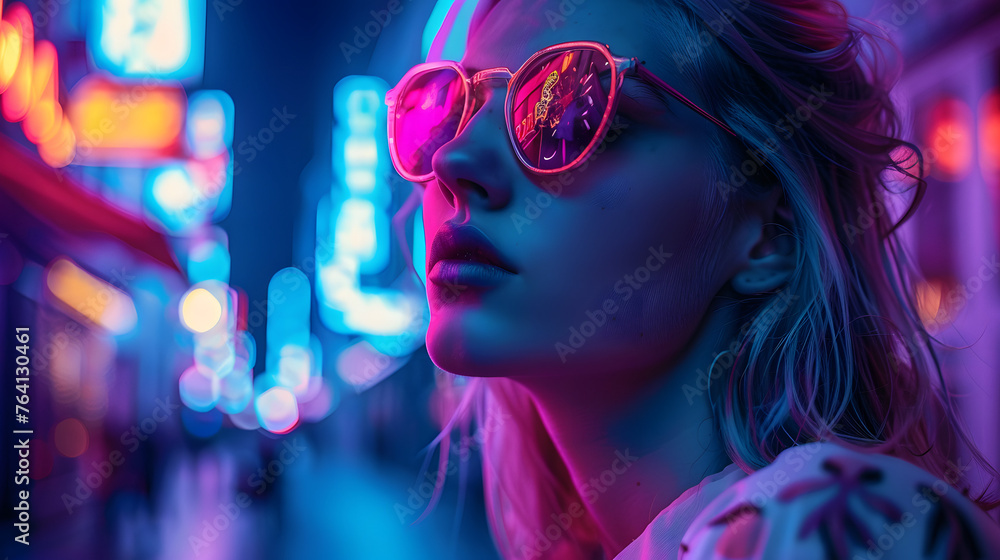 A snapshot of urban nightlife with a woman amidst the pink and blue neon glow of Tokyo streets, evoking youth and freedom A snapshot of urban nightlife with a woman amidst the pink and blue neon glow of Tokyo streets, evoking youth and freedom