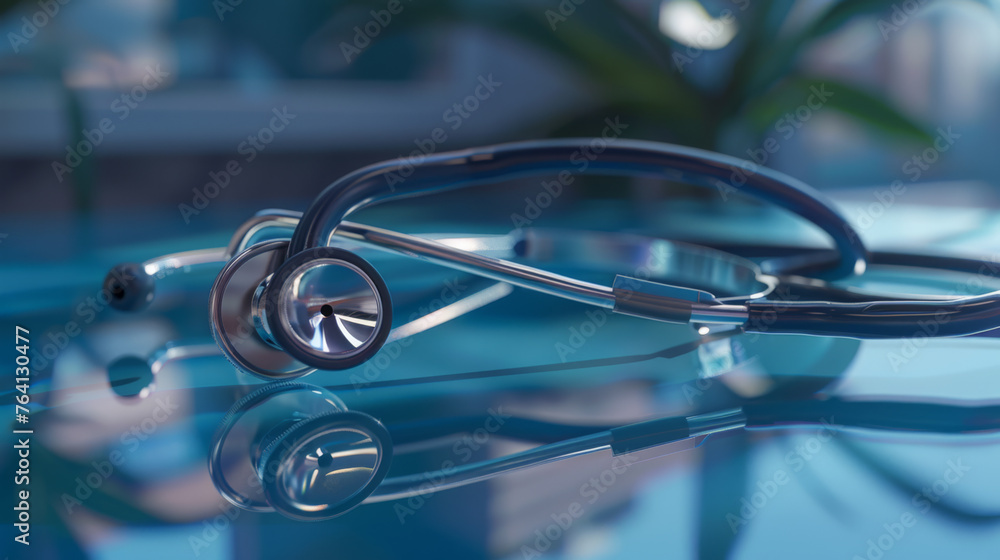 Naklejka premium A stethoscope lies on a smooth blue fabric surface.