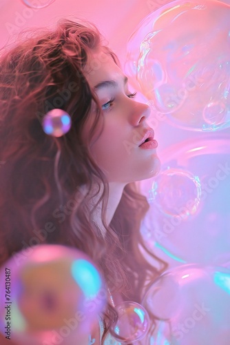 Woman with Transparent Bubbles in Pink Light