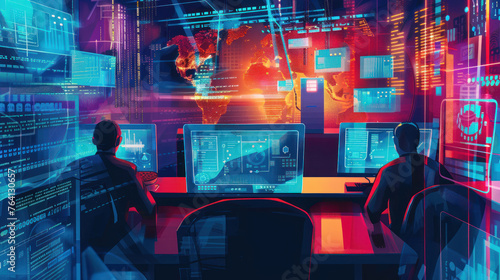 Illustration of cybersecurity experts in a futuristic control room, monitoring digital data across the globe