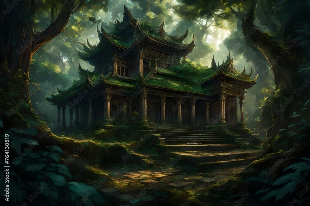 A mystical temple hidden within a dense forest, its intricate architecture peeking through the foliage.