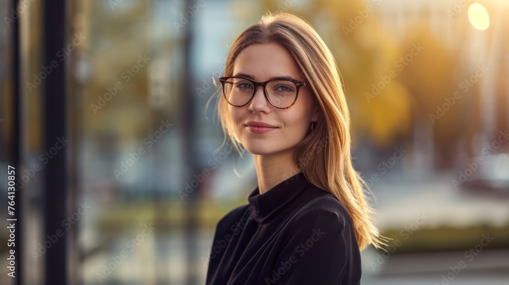 Young businesswoman in glasses standing, smiling happily Young businesswoman in glasses standing, smiling happily