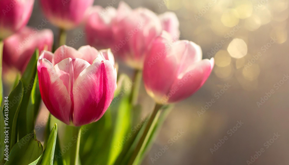 Obraz premium Elegant pink tulips. Cute flowers. Spring season. Beautiful floral banner with blurred background