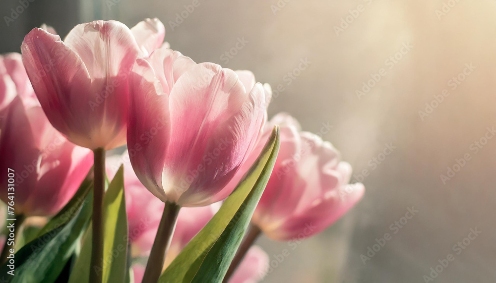 Elegant pink tulips. Cute flowers. Spring season. Beautiful floral banner with blurred background
