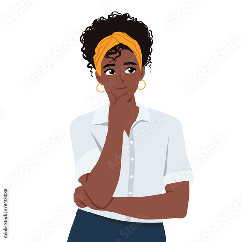 Young black woman thinking hold hand on chin. Flat Vector Illustration Isolated on White Background