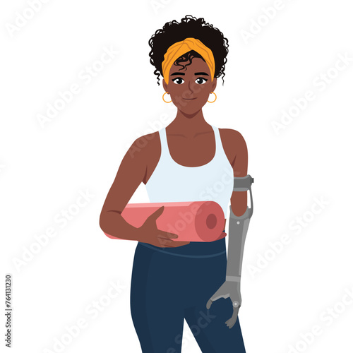 Beautiful black woman with prosthetic arm holding yoga mat ready to workout. Flat Vector Illustration Isolated on White Background