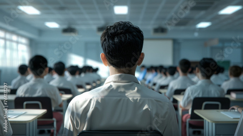 A teacher's back view with rows of students in uniforms facing a blackboard. photo