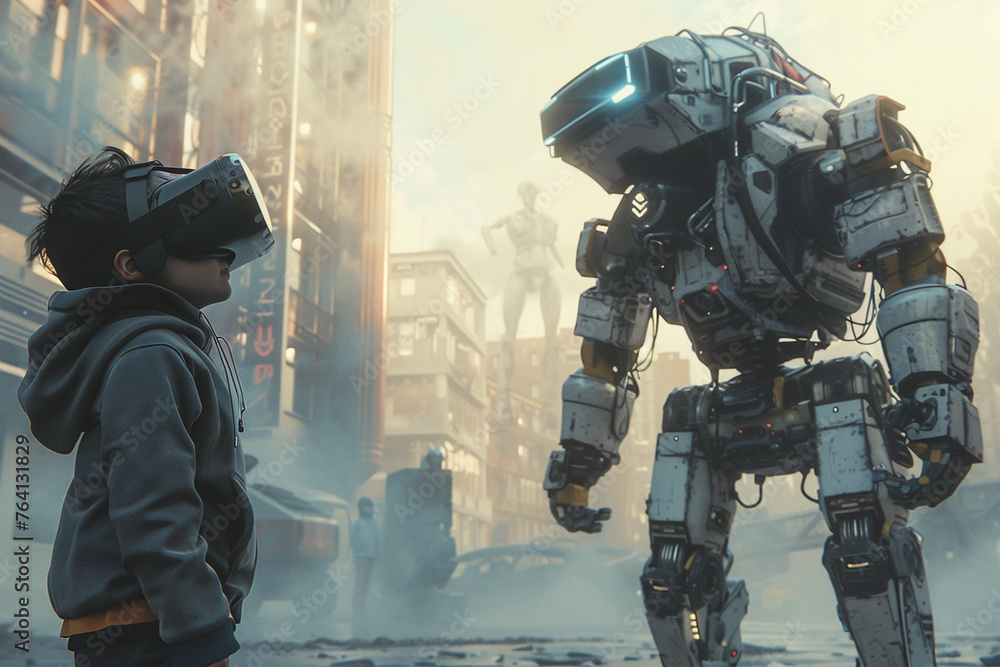 A child wearing VR glasses standing face to face with a giant robot A child wearing VR glasses standing face to face with a giant robot