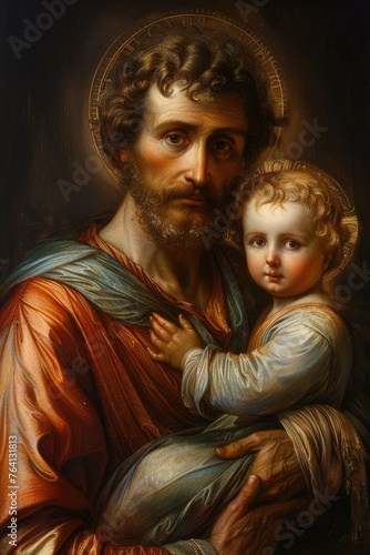  Tenderness of saint Joseph, a touching portrayal of the paternal love and guidance shared between st. Joseph and boy Jesus Christ, capturing a timeless bond of faith and devotion in sacred art