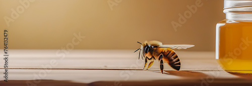 a banner for World Bee Day. a honey bee and a transparent glass jar of honey on a wooden table. natural production. © Екатерина Абатурова