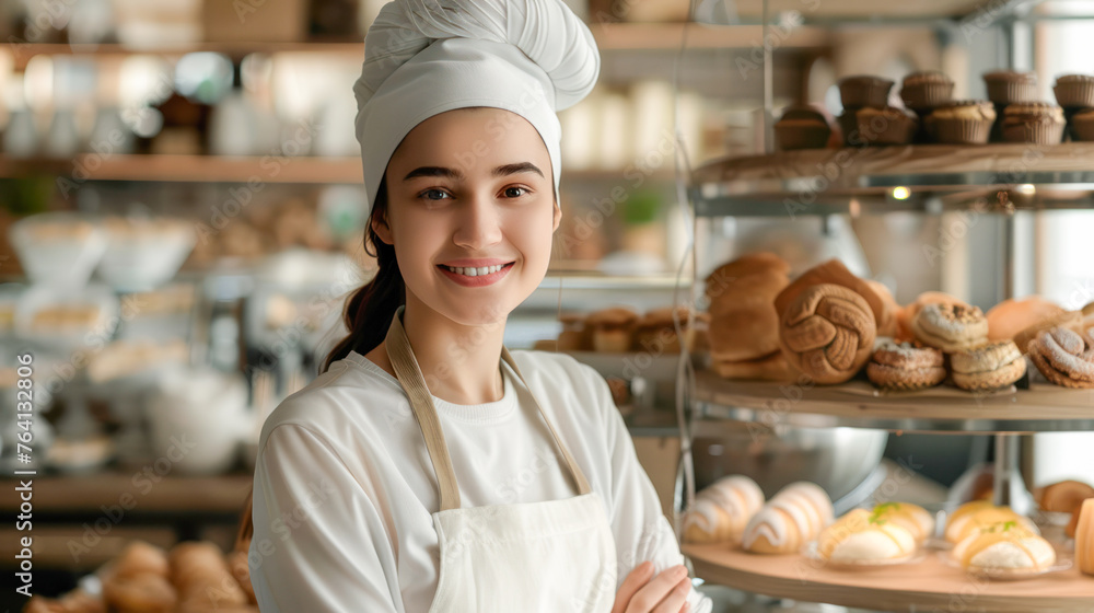 Portrait of happy female baker near showcase with pastries in her cafe. Attractive cheerful female confectioner smiling to the camera standing near the showcase. Small business.
