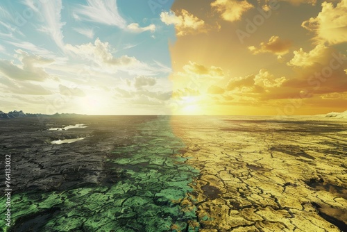Contrasting Climates Climate Change Visualization  Digital Art  Green vs Barren Lands Concept